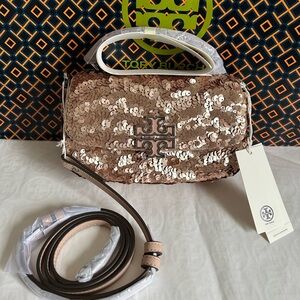 Tory Burch Britten Sequin Mini Top Handle Bag Crossbody Bag Rose Gold Silver